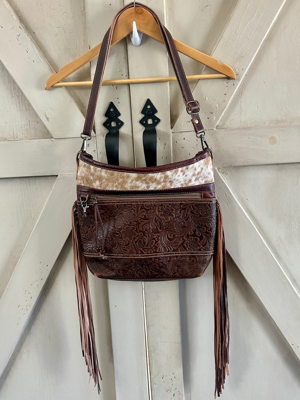 Myra Bag Tooled Leather & Hair-On Hide Fringe Crossbody Purse Western Boho Bag